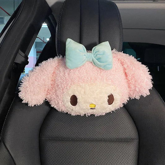 Cute Soft Pink Powder Girl Heart Merlot Rabbit Plush Car Headrest Marshmallow Neck Pillow  VehiDecors Blue bow  