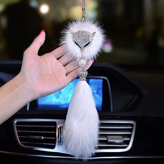 Car Pendant Fox Fur Crystal Set with Diamonds High End Ladies Interior Mirror Pendant Car Accessories Interior Ornaments  VehiDecors   