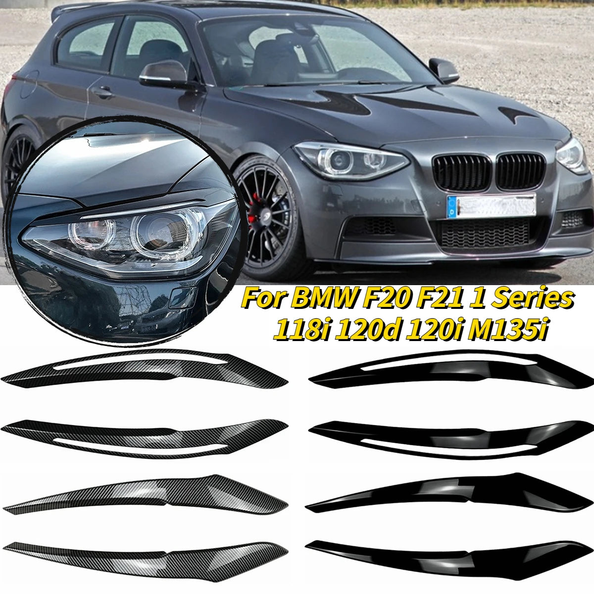 BMW F20 F21 1 Series 118i 120d 120i M135i Pre-Lci Evil Headlight Eyebrows Eyelid ABS Gloss Black/Carbon Look 3D stickers  VehiDecors   
