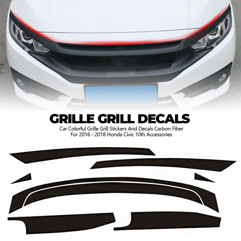8PCS Carbon Fiber Vinyl Front Grille Grill Decal Skin Engine Cover Sticker Car Wrap Trim for Honda Civic 10th 2016 2017 2018  vehidecors   