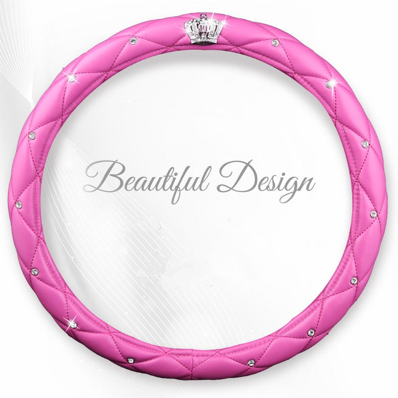 Women PU Leather Car Steering Wheel Cover Diamond Black Pink Auto Wheel Covers Cases for Lady Girls Car Accessories  vehidecors Pink  