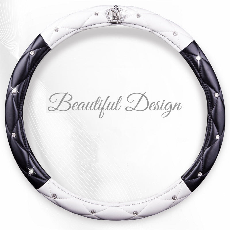 Women PU Leather Car Steering Wheel Cover Diamond Black Pink Auto Wheel Covers Cases for Lady Girls Car Accessories  vehidecors black white  
