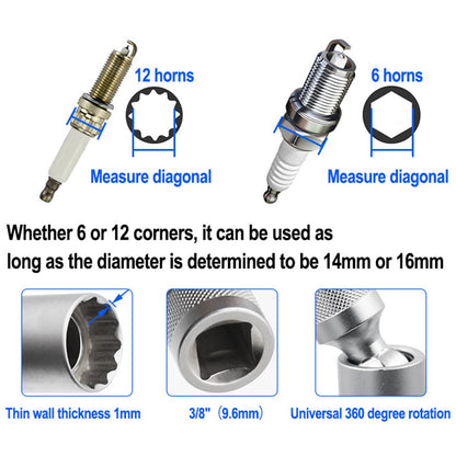 14/16mm Car Repairing Tool Spark Plug Socket Wrench Magnetic 12 Angle Spark Plug Removal Tool Thin Wall 3/8&quot; Drive Sockets  VehiDecors   