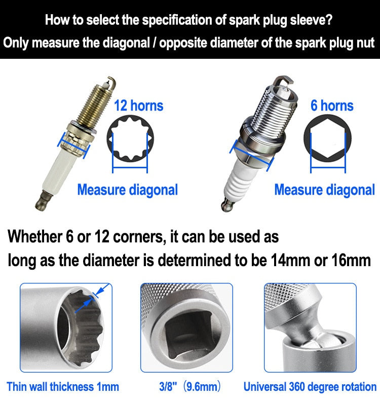 14/16mm Car Repairing Tool Spark Plug Socket Wrench Magnetic 12 Angle Spark Plug Removal Tool Thin Wall 3/8&quot; Drive Sockets  VehiDecors   