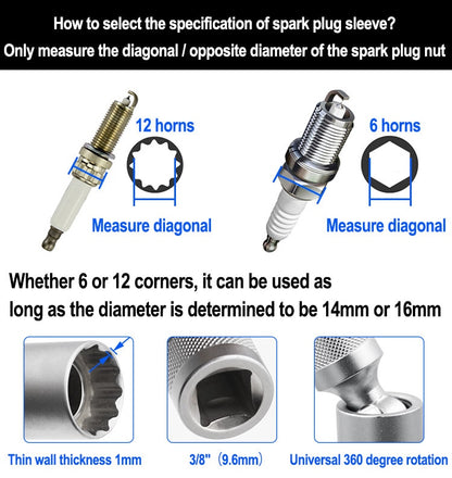 14/16mm Car Repairing Tool Spark Plug Socket Wrench Magnetic 12 Angle Spark Plug Removal Tool Thin Wall 3/8&quot; Drive Sockets  VehiDecors   