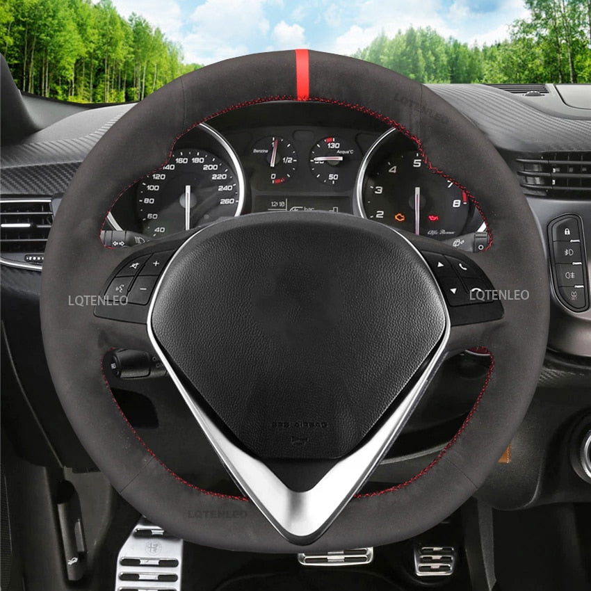 Black Suede Red Marker Handsewing Car Steering Wheel Cover For Alfa Romeo Giulietta 2014 2015 2016 2017 2018 2019 2020 2021  vehidecors   